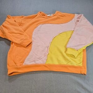 Bucket List Sweatshirt Womens L Orange Pink Yellow Colorblock Patchwork Raw Seam